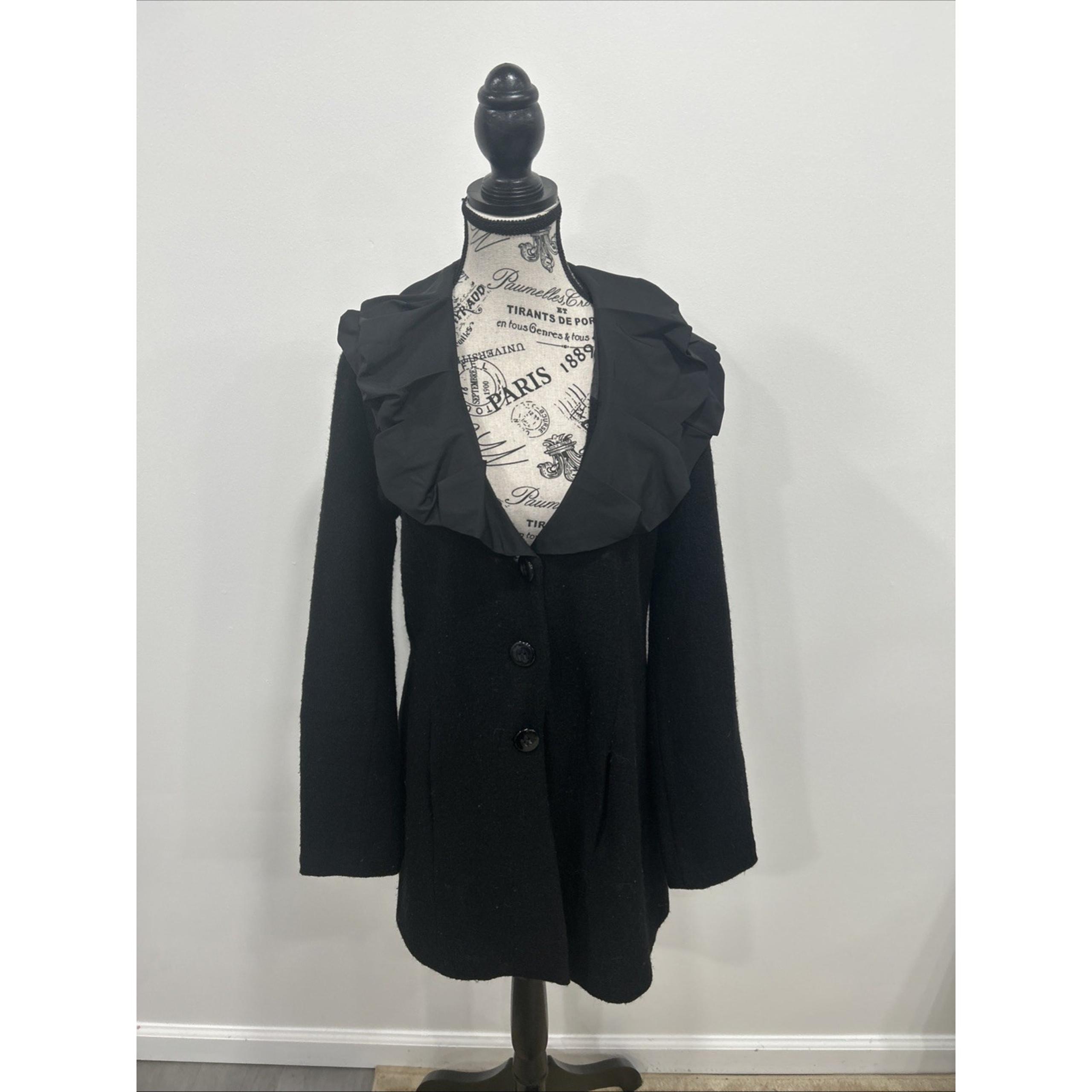 CAbi 100% Wool Wide Ruffle Silky Collar Button Up Coat Romantic Academia Sz S
