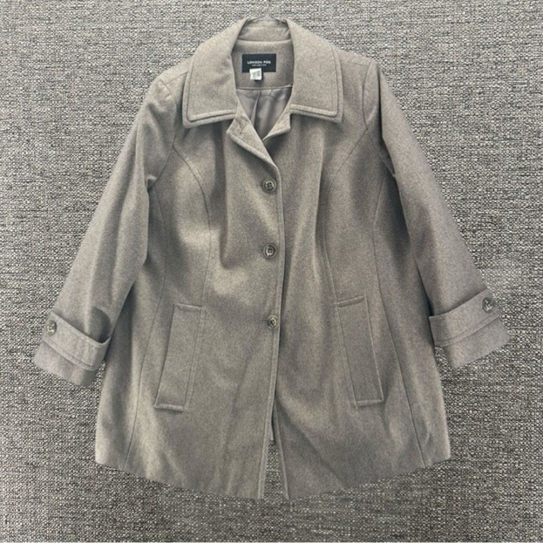 London Fog Pea Coat Womans 2x Oatmeal Wool Coat Pocket A Line Driving Coat