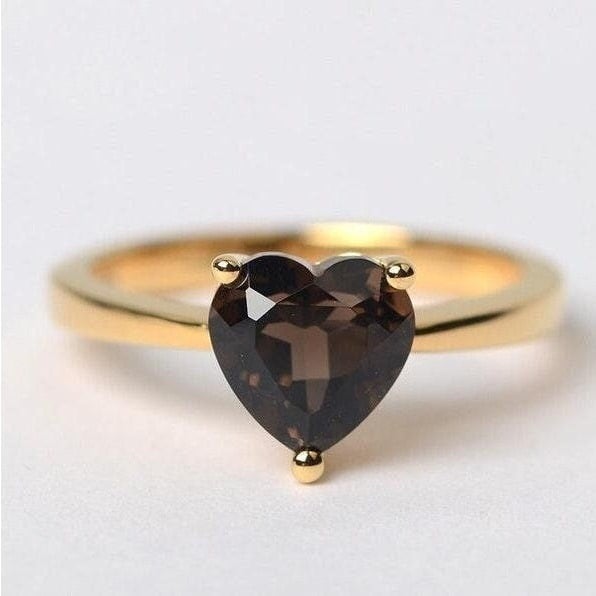 1.85Ct Natural Heart Shape Smokey Topaz Quartz Solitaire Ring 14k Yellow Gold