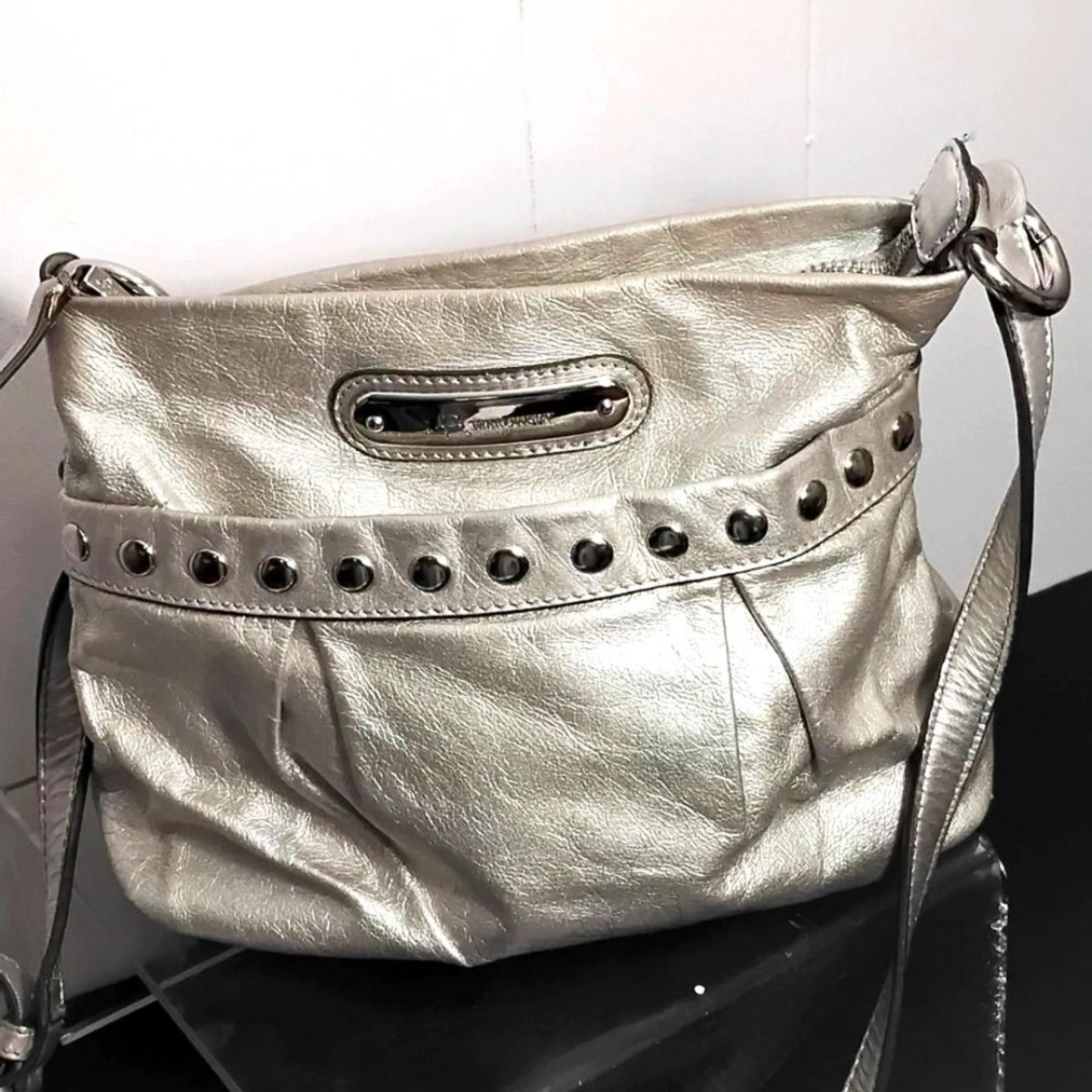 B Makowsky Gold Leather Crossbody Studded Shoulder Bag