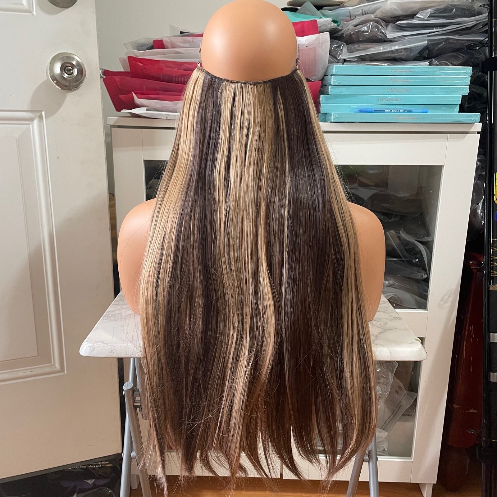 24 inch honey dark brown highlight platinum blonde halo hair extension..