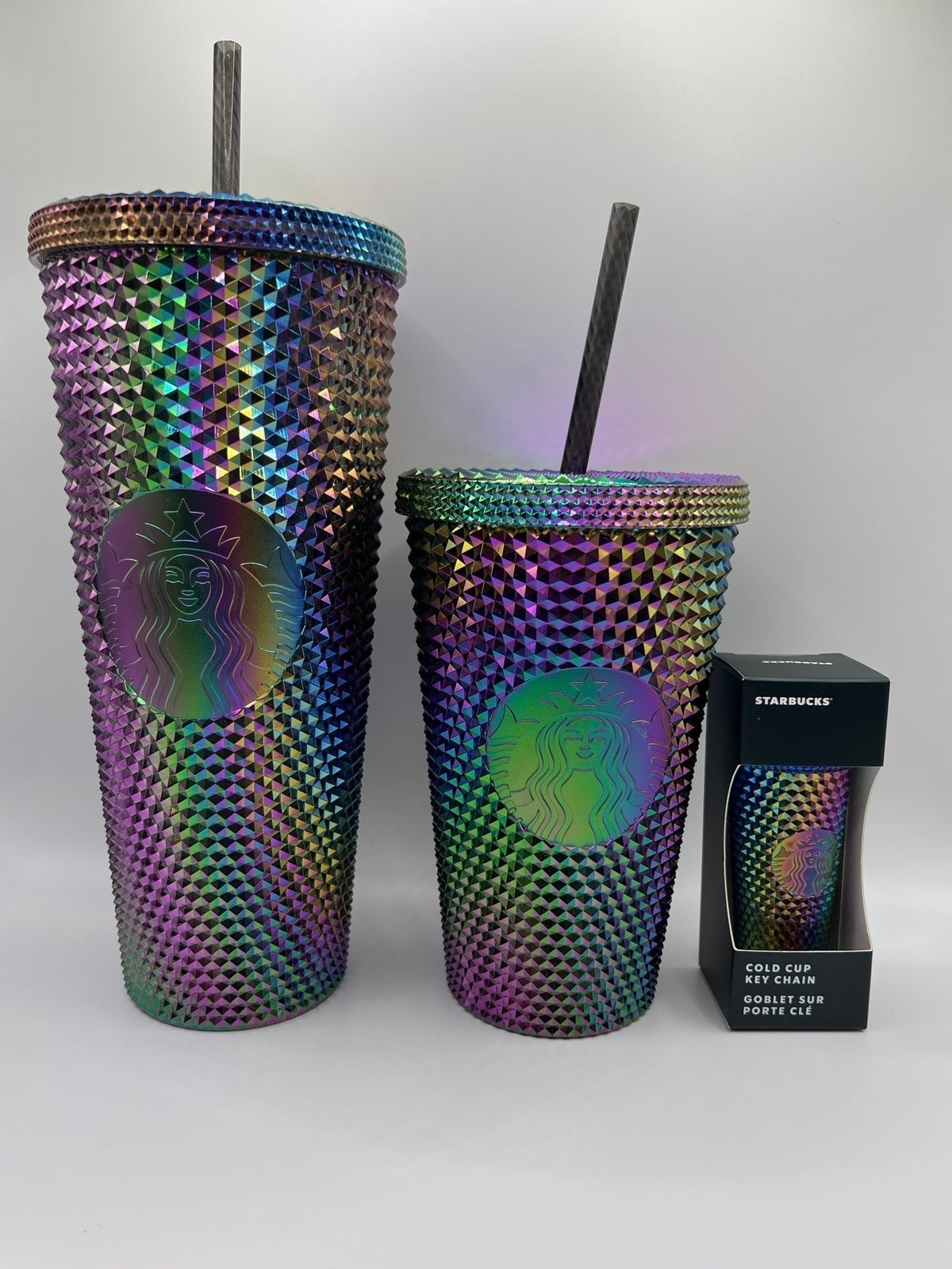 Starbucks 2023 Oil Slick Studded Tumblers and Keychain Bundle