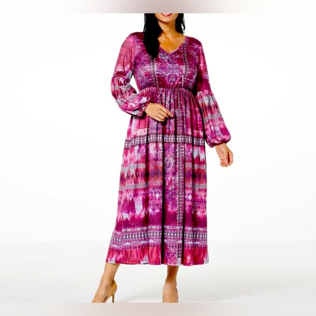 ONE WORLD Printed V-Neck Maxi Dress berry color L(P2P 22-25”) NWT