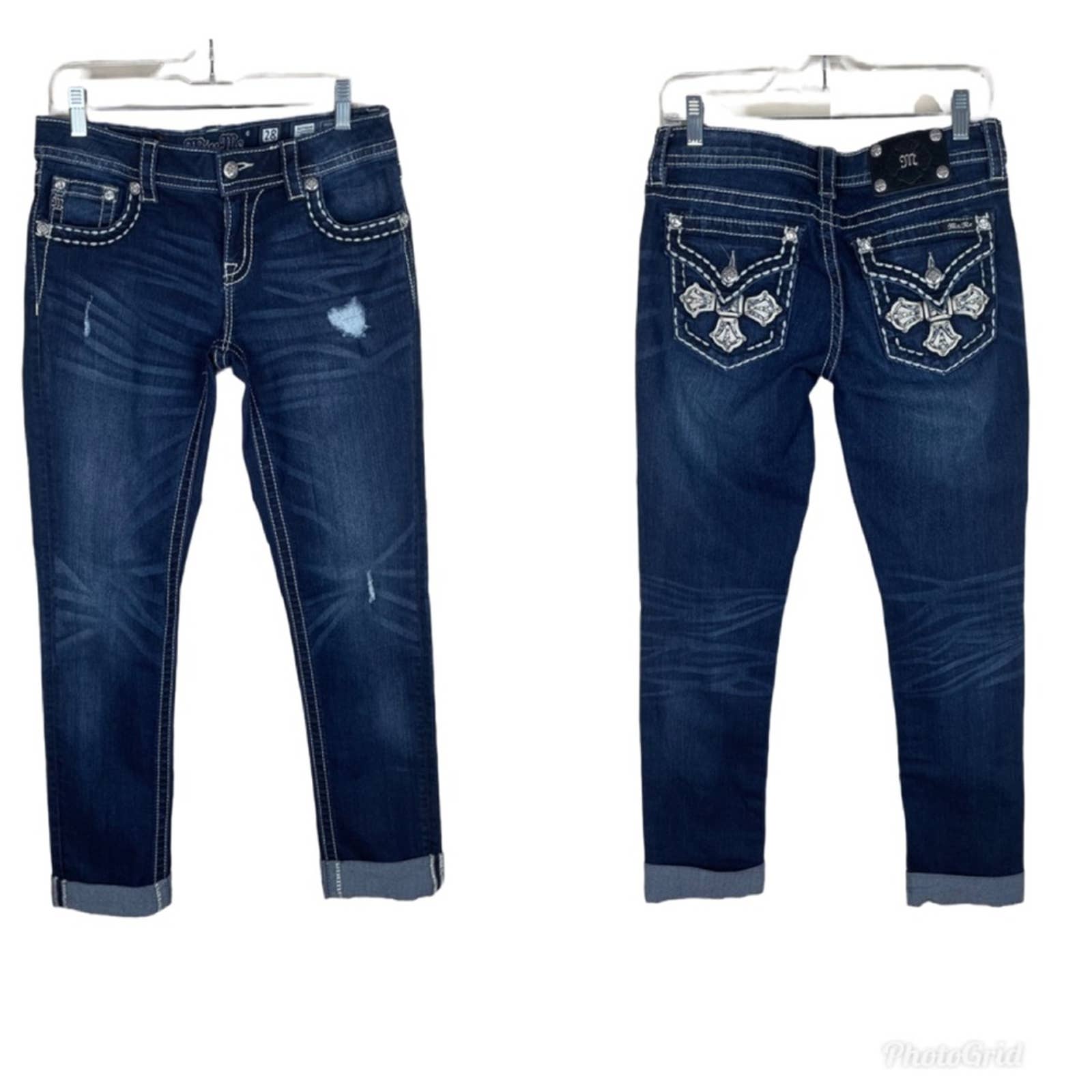 MISS ME Boyfriend Ankle Cuffed Distressed Jean Dark Wash Size 28