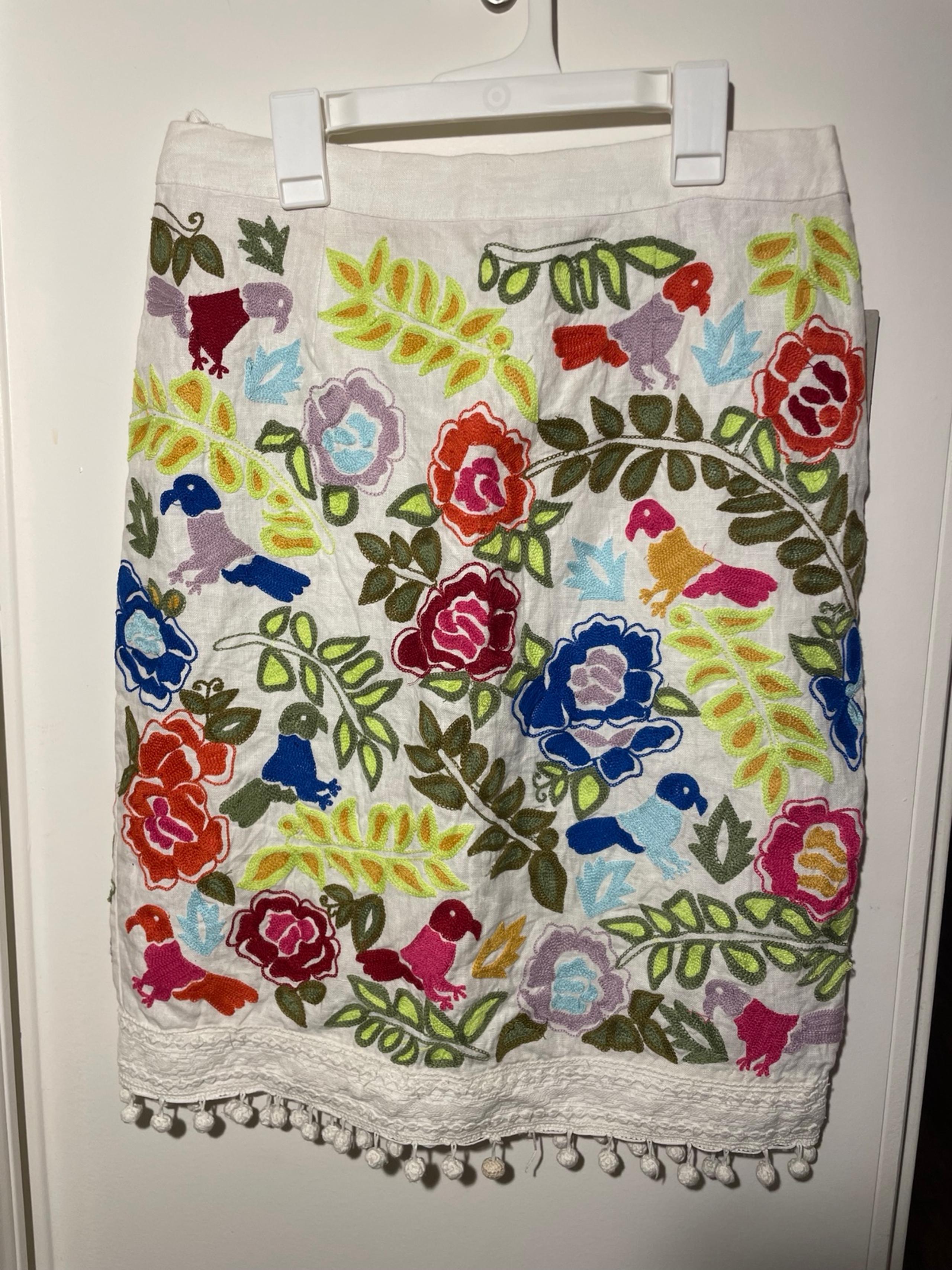 Anthropologie moulinette soeurs fiesta embroidered pom pom skirt