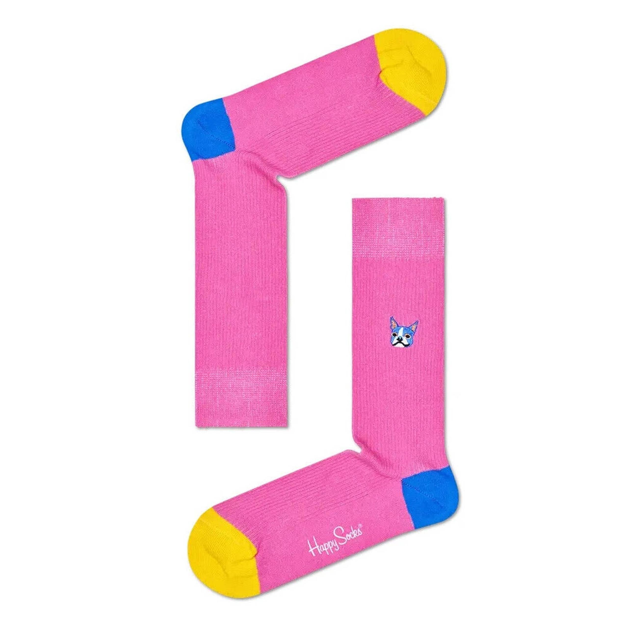 NWT Happy Socks Pink Ribbed Embroidered Dog Crew Socks - W 5.5-9.5 M 4.5-7.5