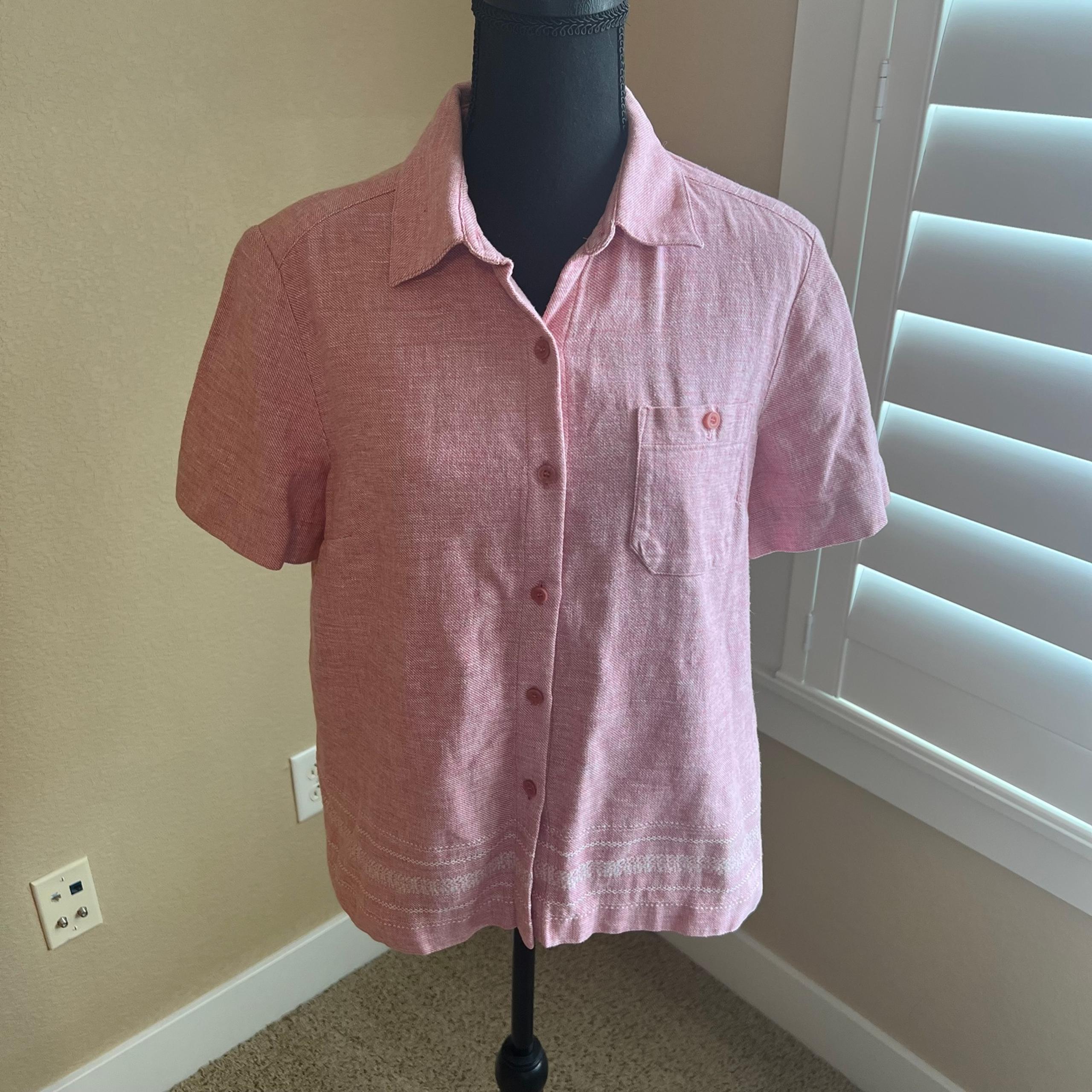 Norton McNaughton Barbie Pink Linen Shirt Size Med Short Sleeve Button Down A8