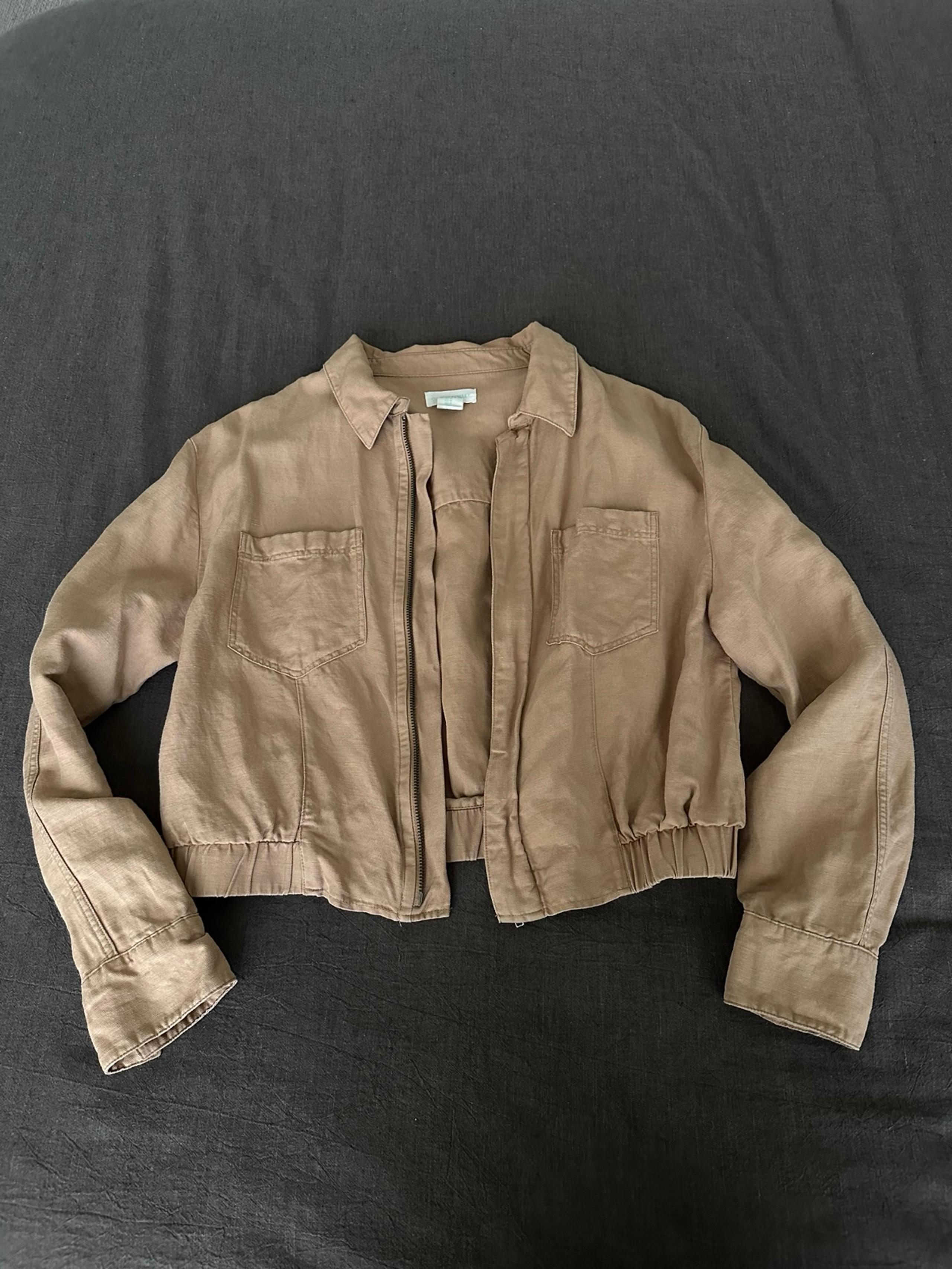 Tan Cropped Bomber Cargo Linen Jacket