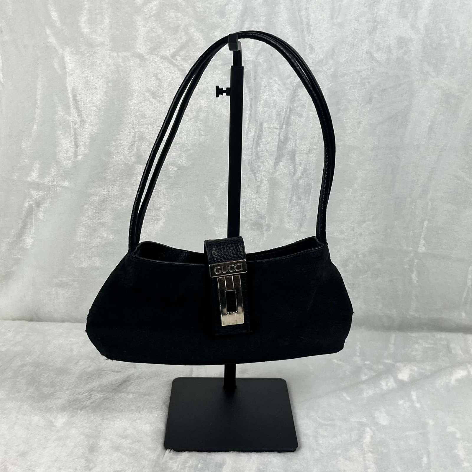 Gucci Black Shoulder Monogram Baguette Bag POOR FOR REPAIR Silver Y2K 2000s