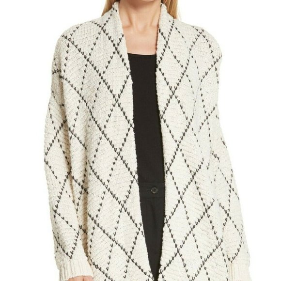 Eileen Fisher Soft White Black Organic Cotton Kimono Cardigan