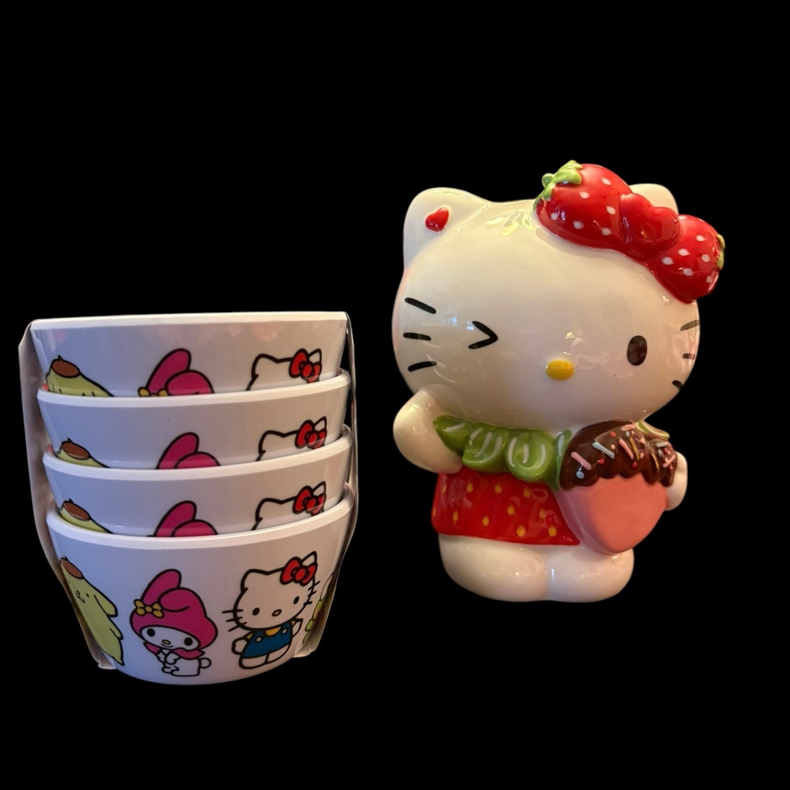 New Hello Kitty Ceramic Figurine and 4 Melamine Tidbit Bowls