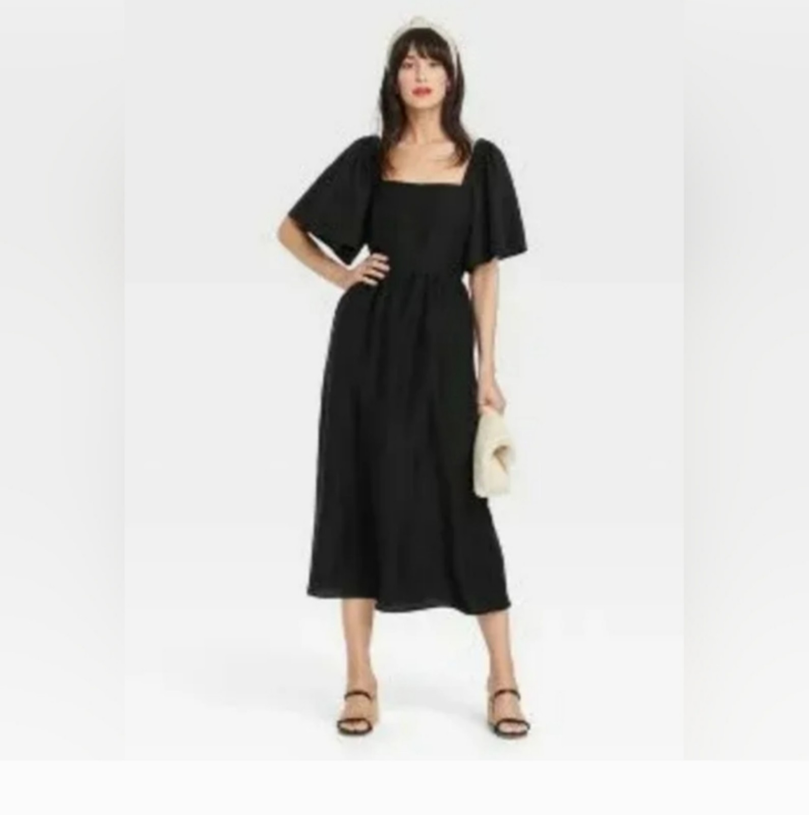 A New Day Flutter Sleeve Tie Back Midi Dress Black summer cottagecore Sz M