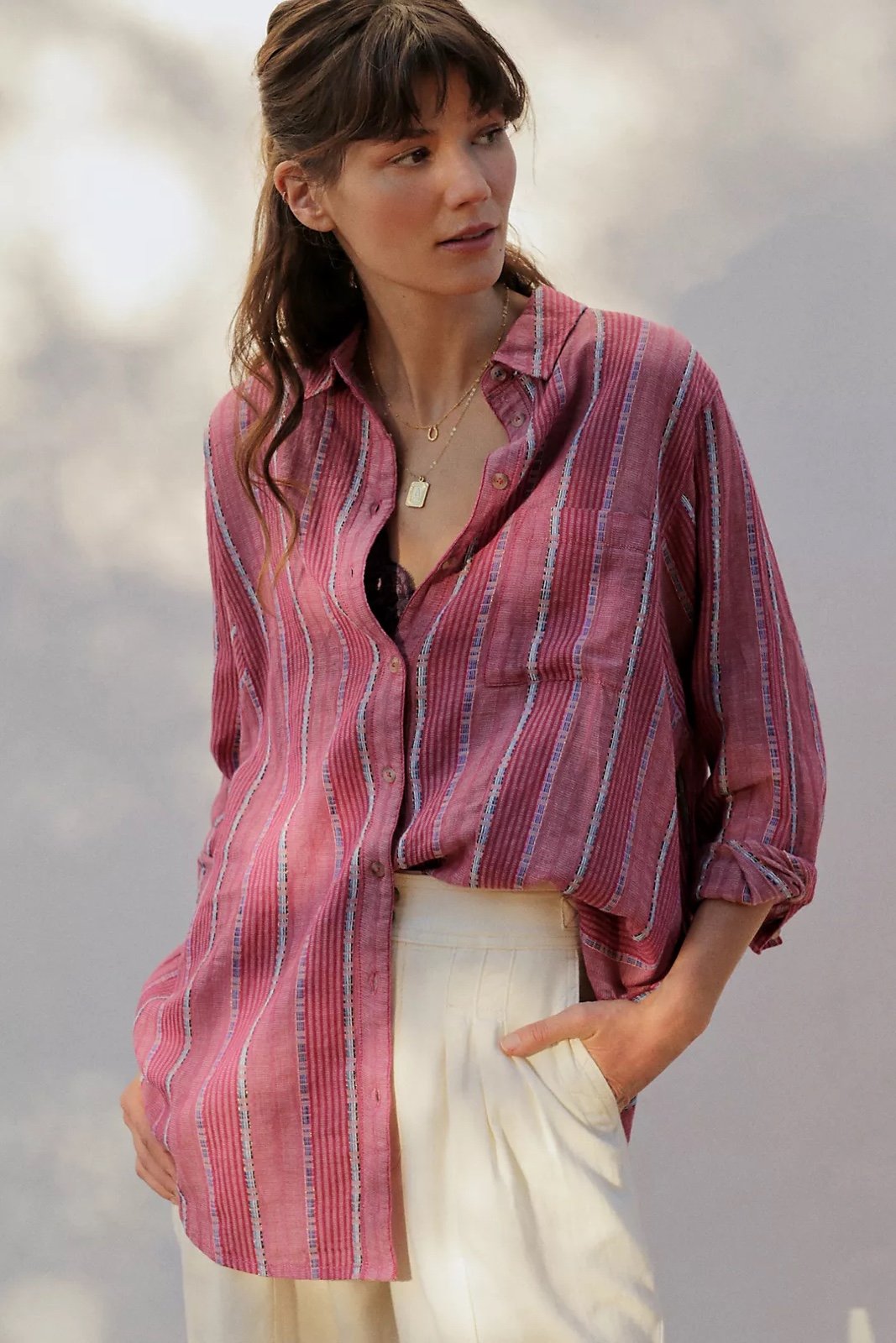 Pilcro magenta embroidered button blouse
