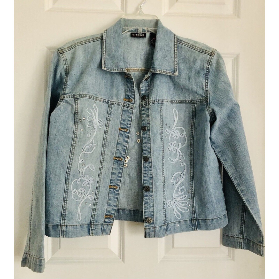 Chico's Denim Button Up Jacket Size 1 (Medium) Blue Embroidered Rhinestones