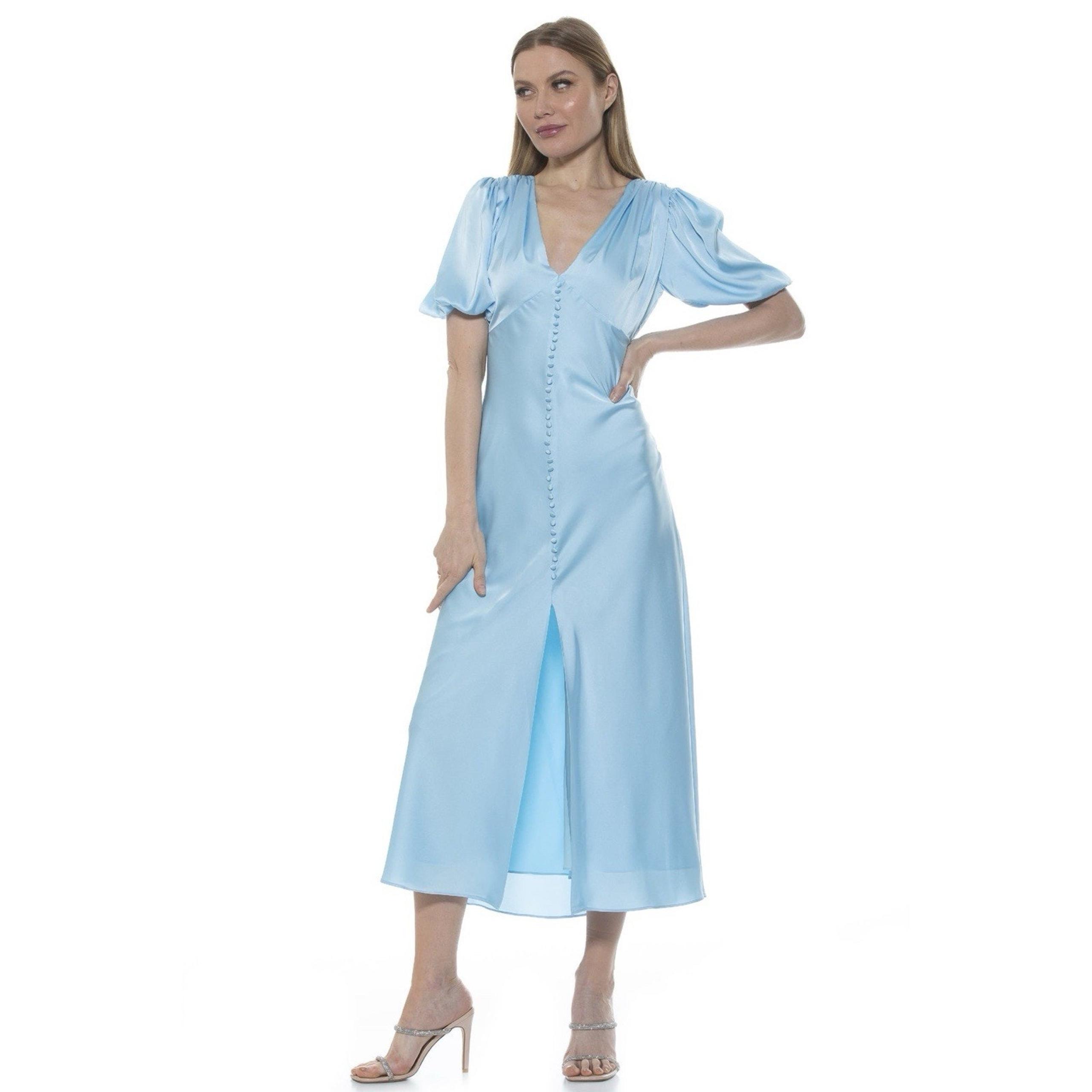 NWT Alexia Admor Lorelei Halogen Blue Satin Button Midi Dress