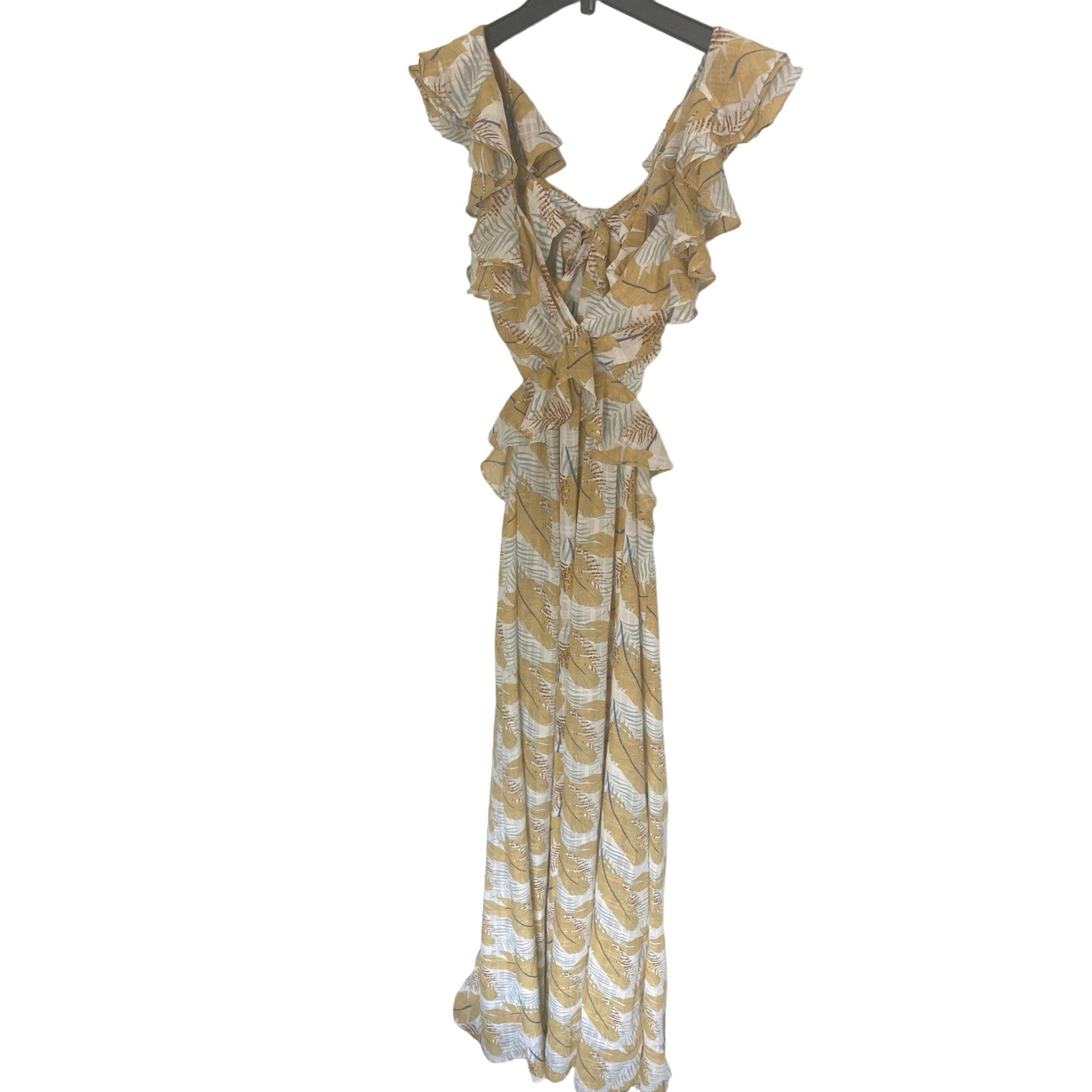 Luxxel maxi dress women's size S yellow tropical cutout ruffle vacation beach