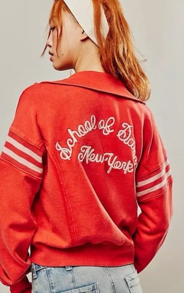 Free People Dance School Sweatshirt Zip Up Embroidered Writing Floral Red Rogu