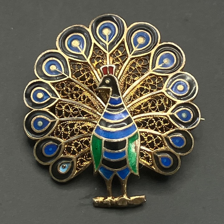 Blue Green Enamel Peacock Brooch Filigree Gilt Silver Chinese Export