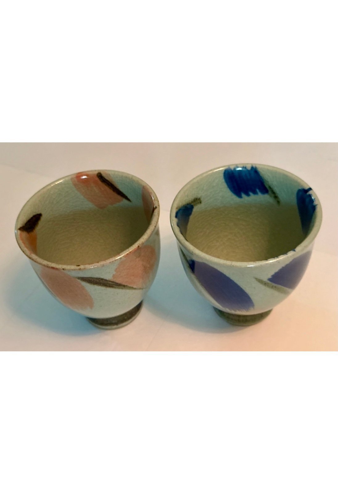 Japanese-Style Ceramic Cups Set of 2 – Unique Gray, Pink & Blue Hand-Painted