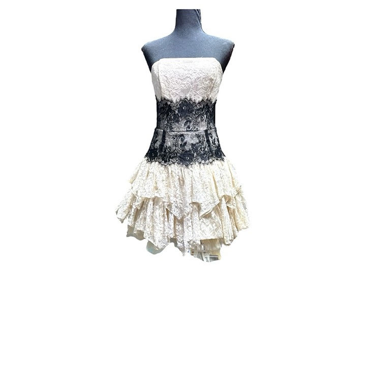 Jessica McClintock Cream And Black Lace Strapless Dress Size 8