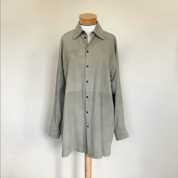 Eskandar Oversized Suede Button Shirt Jacket Taupe Beige 1