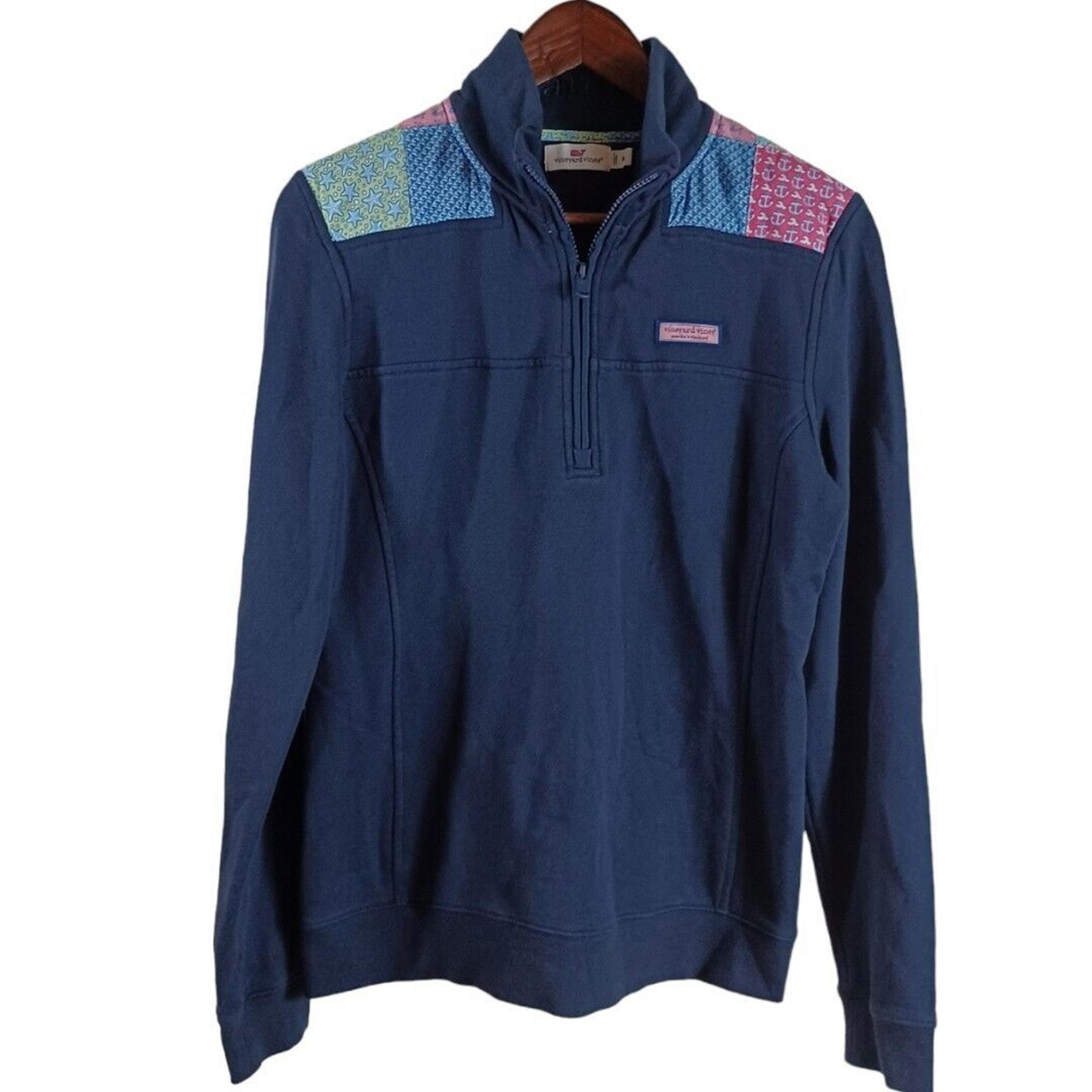 Vineyard Vines 1/4 Zip Blue Sweatshirt Nautical Patchwork Pullover Women's Sz M