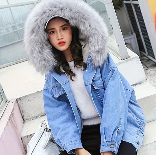 Faux Fur Collar Warm Denim Jacket With Hood, Pleated Detail -xsk8