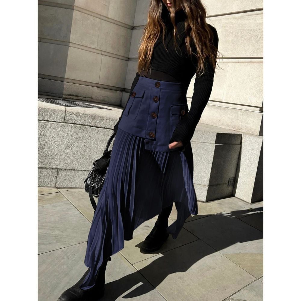 Commense Navy Blue Pleated with Button-Front Overlay Asymmetric Hem Skirt XS