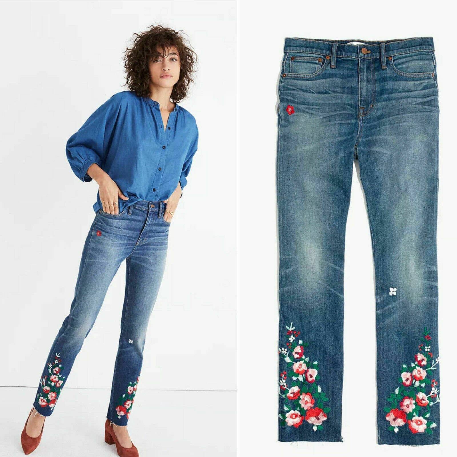 Madewell High-Rise Slim Boyjean Embroidered Floral 26 Raw Hem Jeans Denim G7201