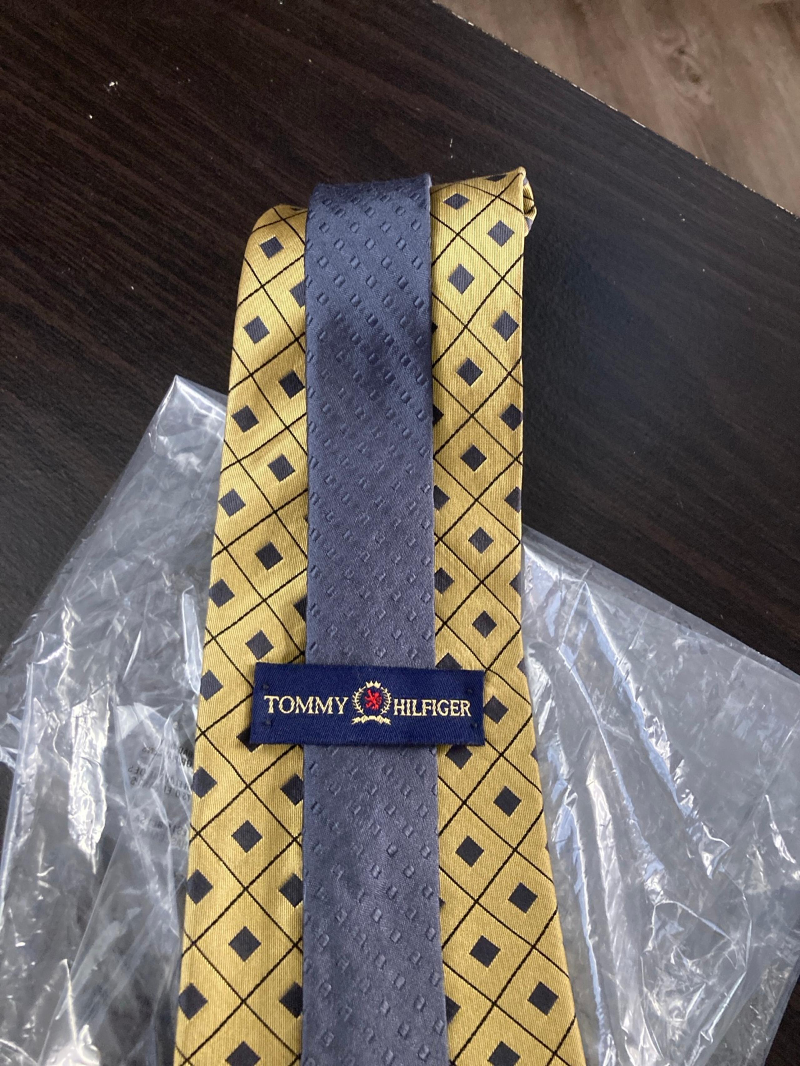 Vintage Tommy Hilfiger Yellow Blue White Squares 100% Silk Tie Made in USA