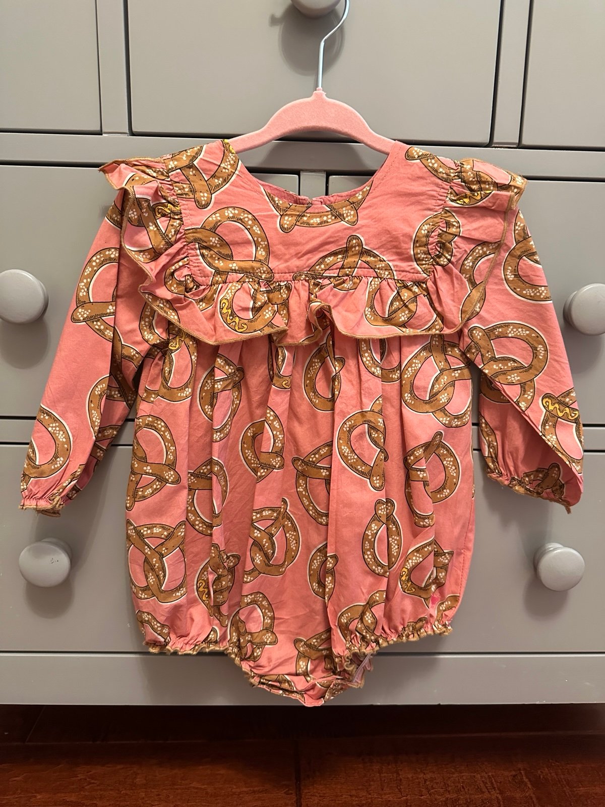 Pink Chicken pretzel romper
