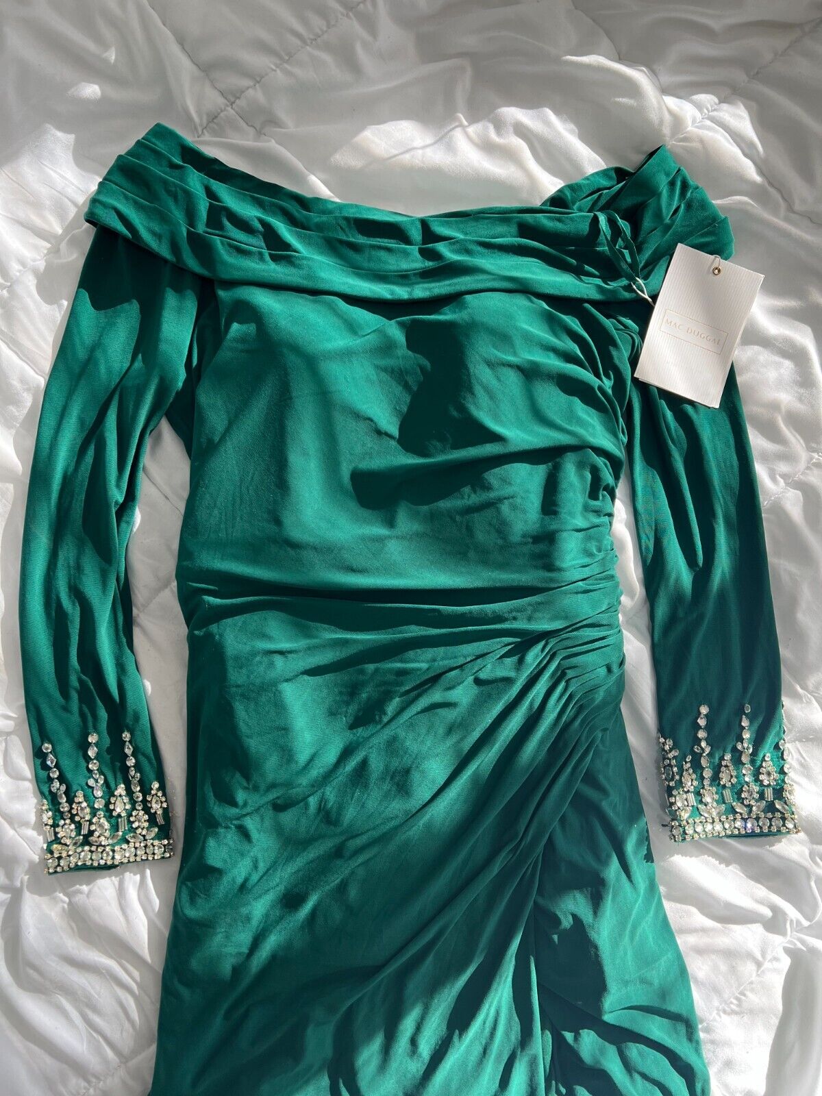 Mac Duggal Beaded Cuff Drop Shoulder Faux Wrap Gown Size 12 12231 *minor flaws*