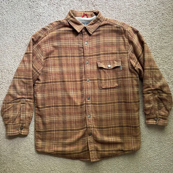 Woolrich Shirt Mens Large Snap Close Fleece Lined Point Collar Orange Plaid