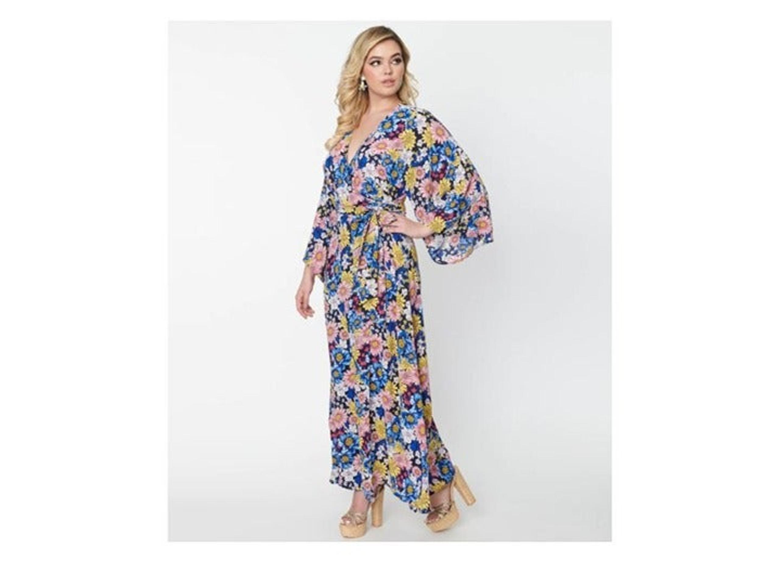 Unique Vintage Black & Blue Floral Wrap Maxi Dress Sz 1X/16 NWT