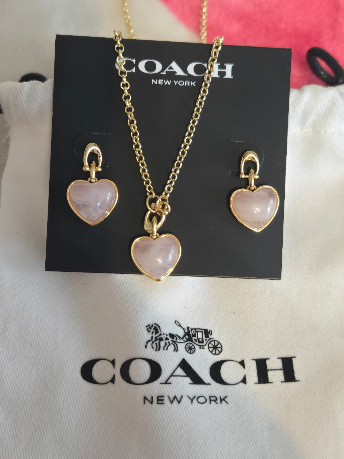 COACH Pink Heart Necklace and Earrings