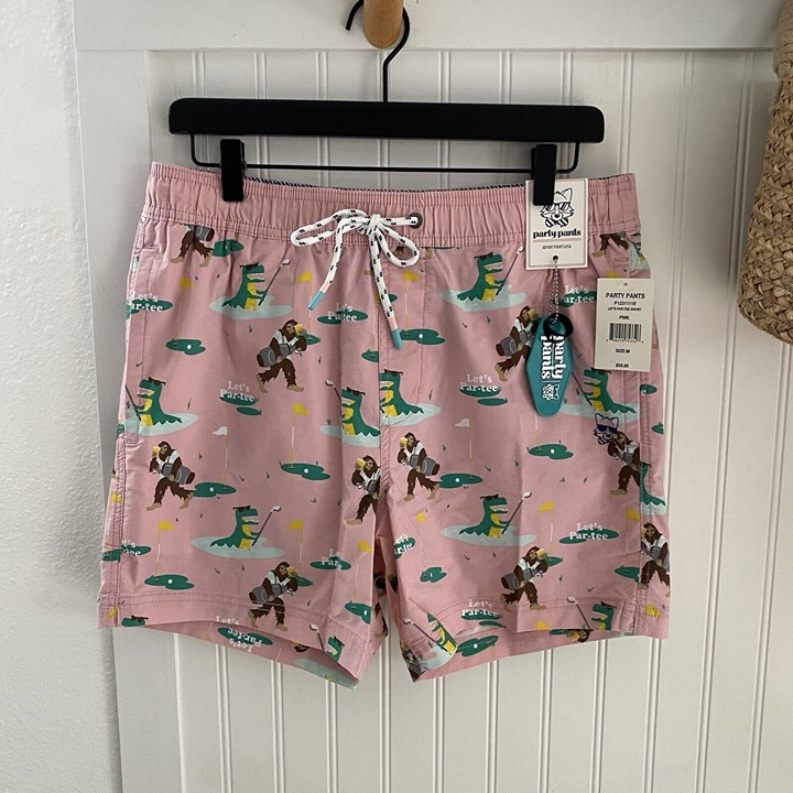 Party Pants Men’s Pink Let’s Par-Tee Golf Print Swim Trunks Board Shorts Medium