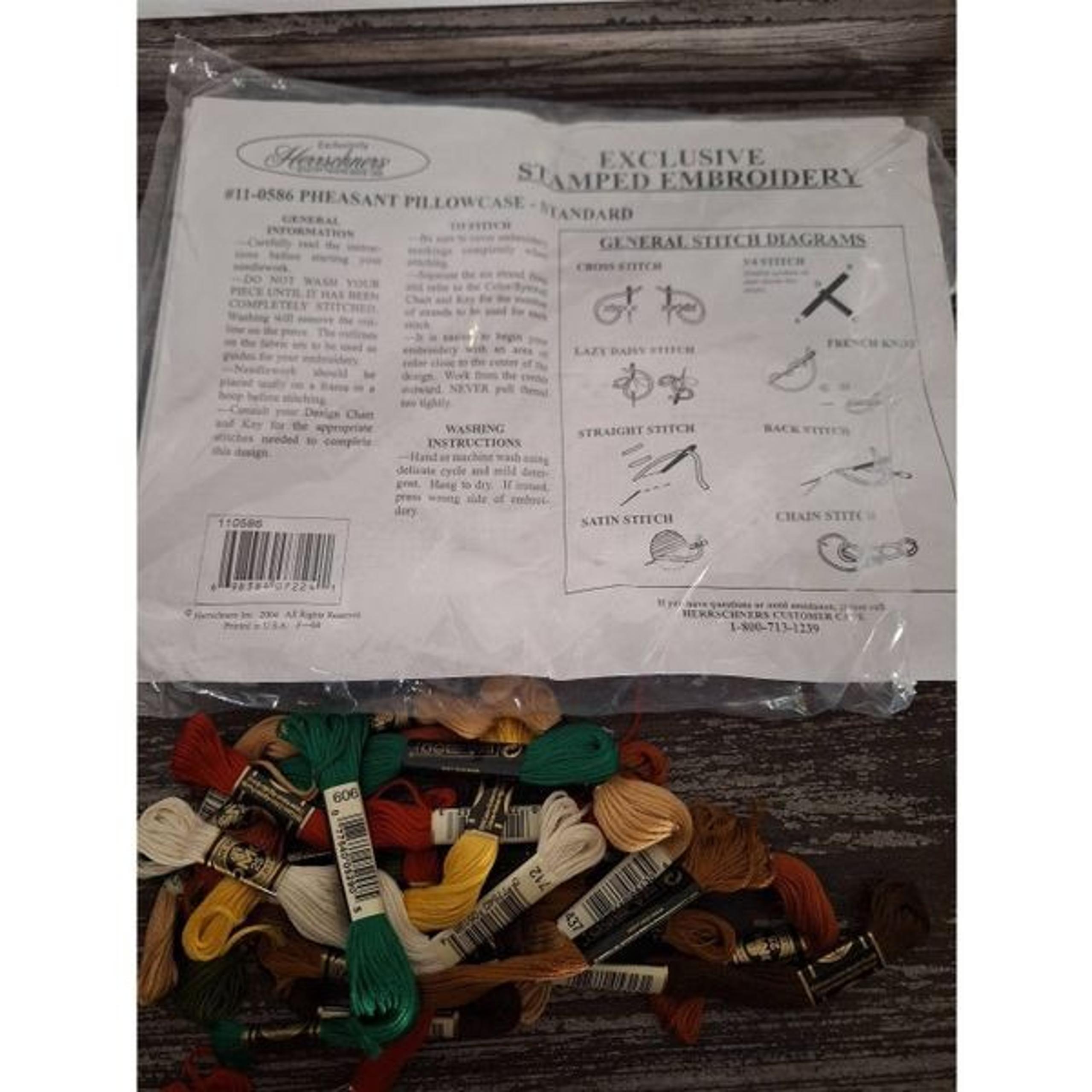 Herrschners Pheasant Cross Stitch Pillowcase Pair #11-0586 NEW w/ floss