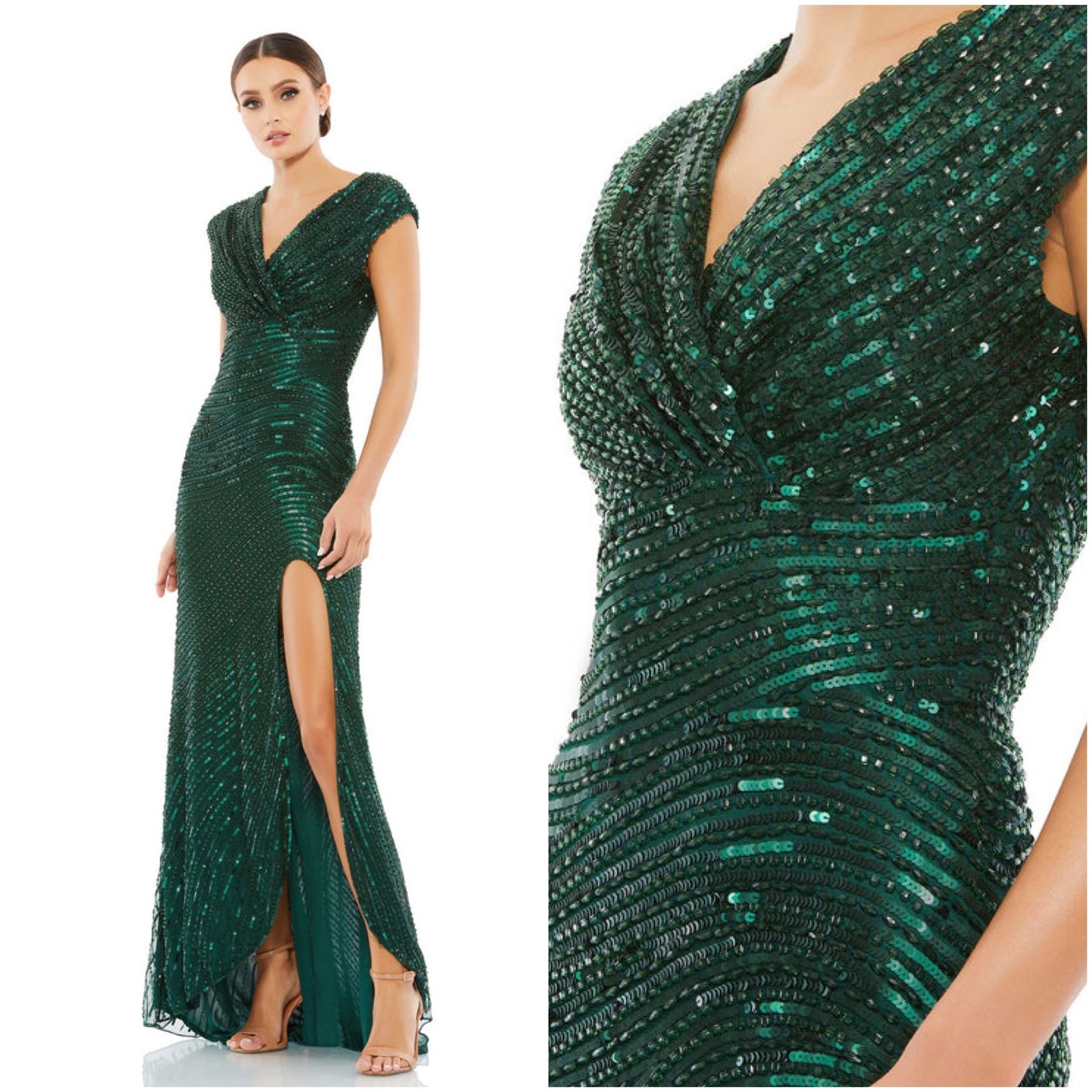 Mac Duggal Forest Green Cap Sleeve Sequined Evening Gown Size 16 598 5441