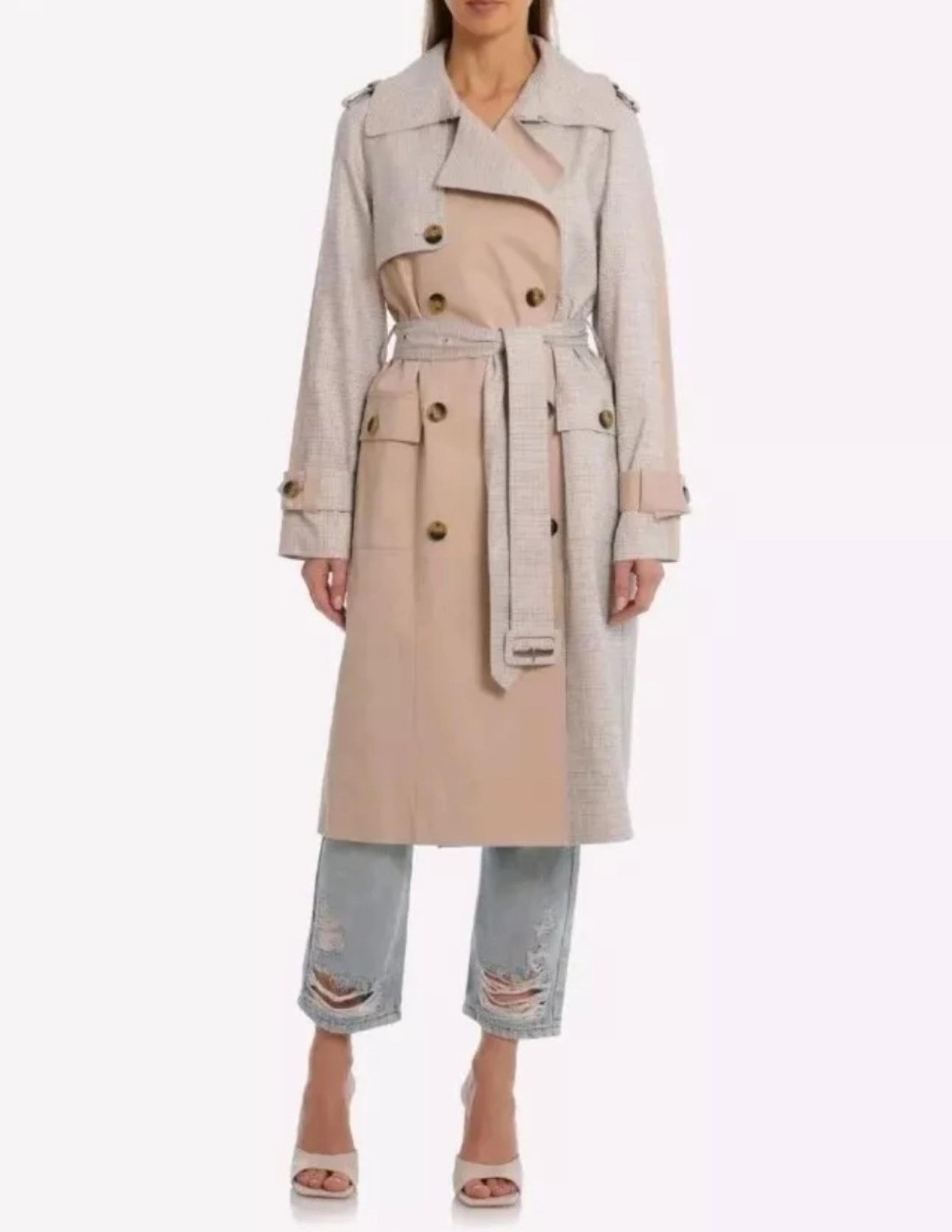 AVEC LES FILLES Mixed Media Plaid Trench Coat Jacket Womens XS Blue Tan New