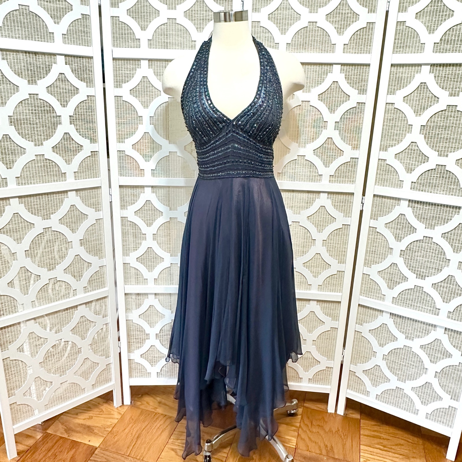 Adrianna Papell Silk Beaded Evening Dress Gown Womens 2P Hankerchief Hem Fairy
