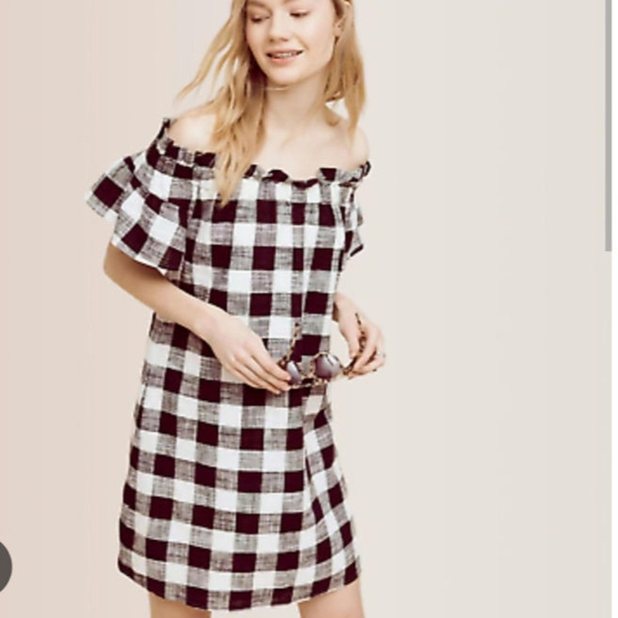 Anthropologie Corey Lynn Calter off shoulder linen dress large pockets gingham