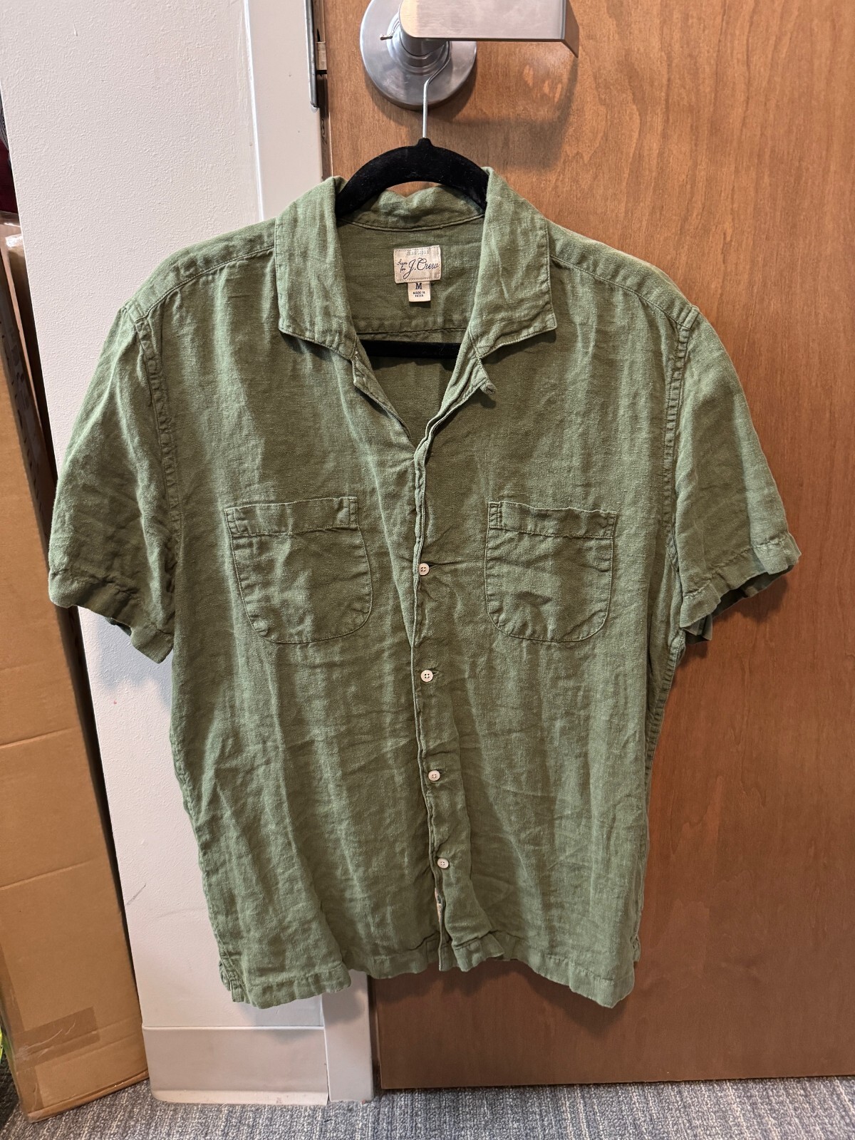 J Crew Linen Camp Collar Shirt Men's Medium M Green Short Sleeve Baird McNutt
