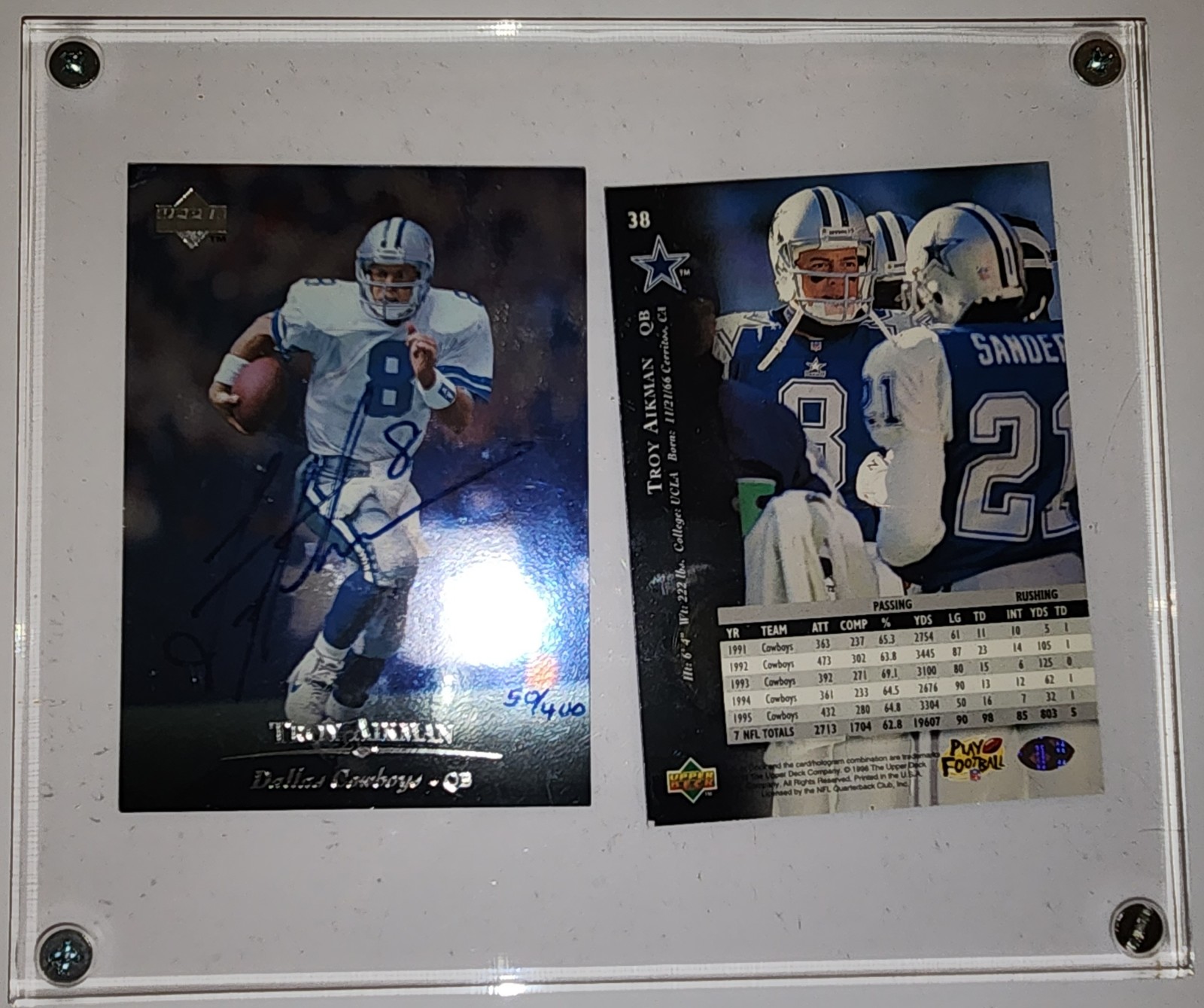 2 AUTOGRAPHED Troy Aikman Dallas Cowboys Trading Cards W/C.O.A.