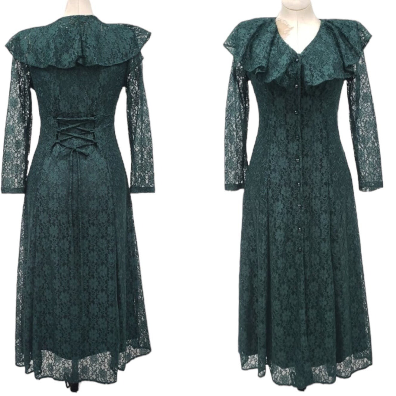 VINTAGE Y2K Green lace dress large round collar laced back sheer sleeves size 7