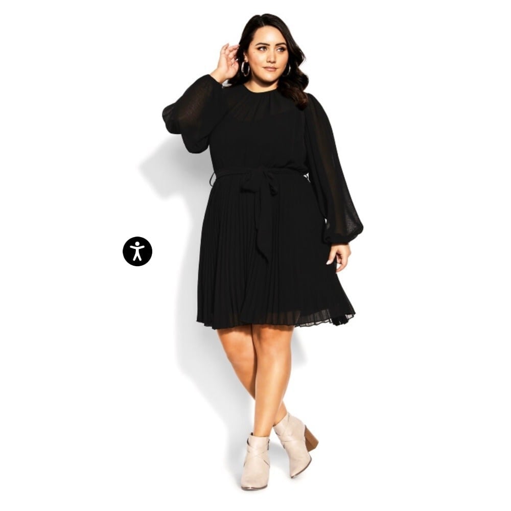 City Chic Blair Dress Lined Black Pleated Balloon Sleeve Knee Length Size L 20