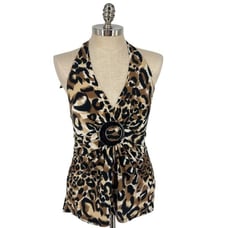 Cache Medium Vintage Animal Cheetah Padded Stretch Halter Top Blouse Buckle Y2K