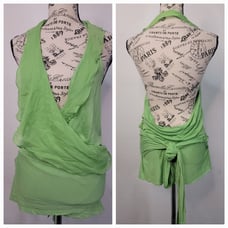 BCBGMAXAZRIA Wrap Top Sz Large Halter Drape Back Silk Blend Peplum Green NEW