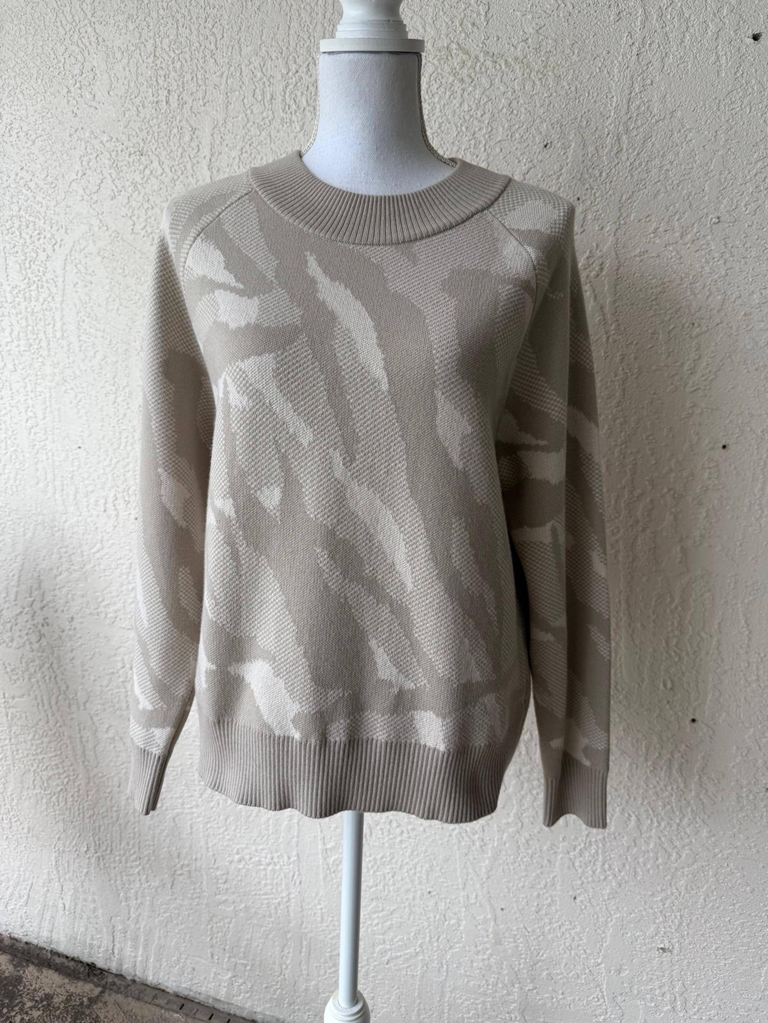 Athleta Jacquard Textured Crew Sweater Merino Wool Size Small S EUC Brown Beige