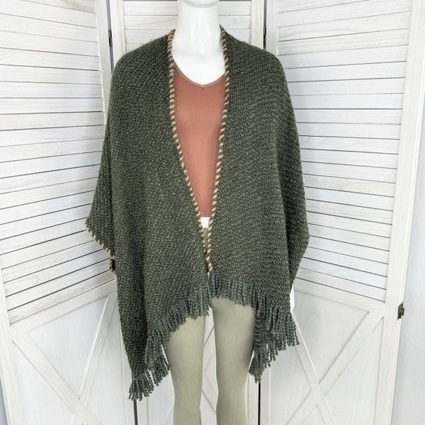 Lucky Brand Pop Whip Stitch Kimono Chunky Knit Cardigan Sweater Olive Green OS