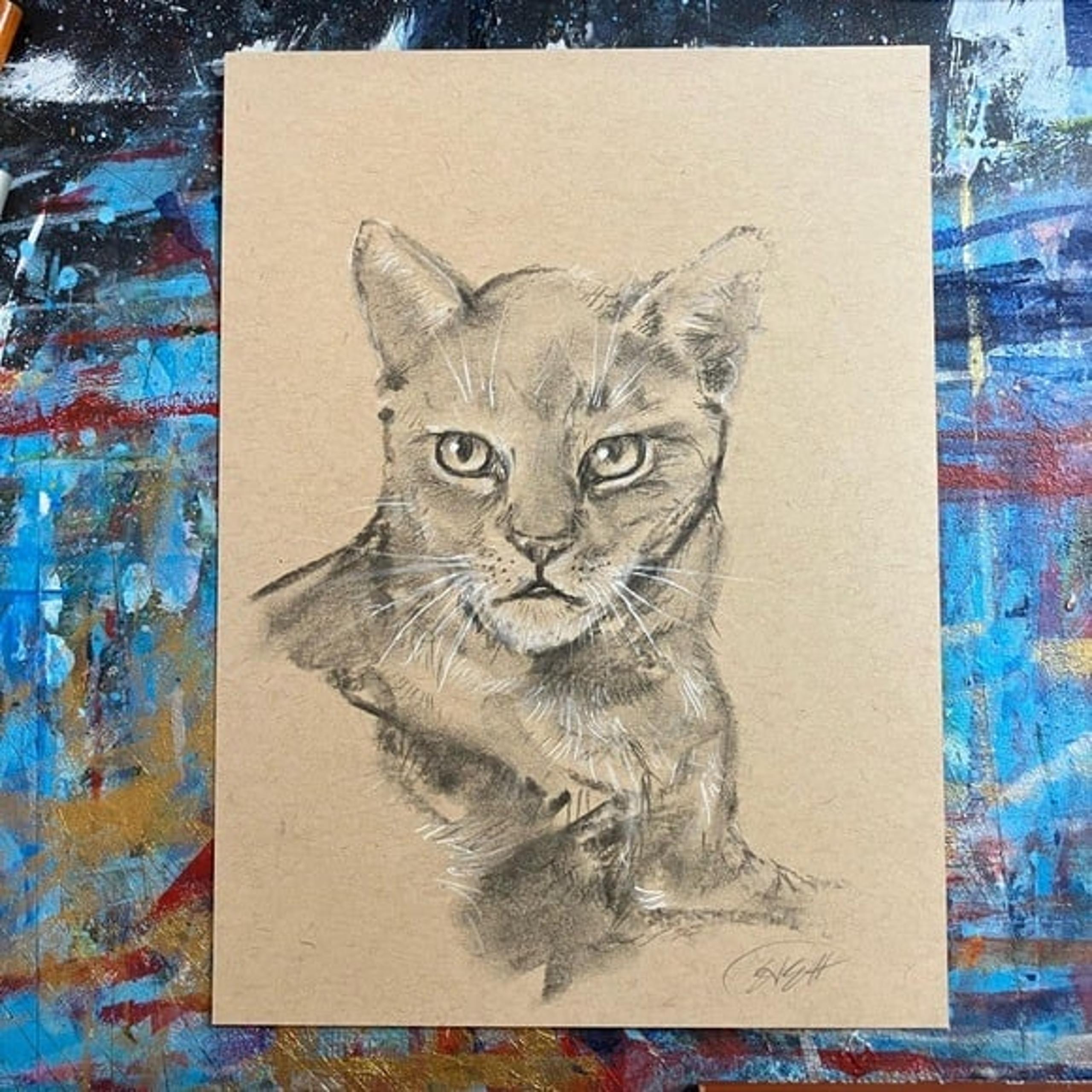 Original painting Cat portrait handmade art pastel charcoal home decor artwork